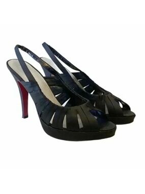Le Chateau High Heel Slingback Sandals Black Satin Cut Out Peep Toe Size 7